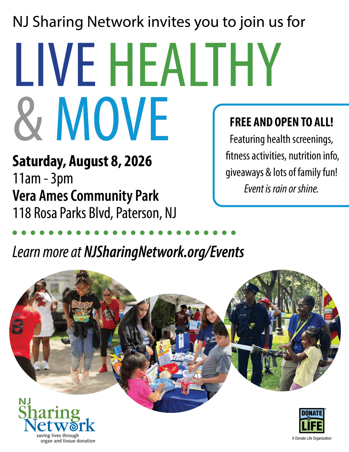 Event poster for NJ Sharing Network inviting people to join Live Healthy & Move; shows large colored typography and photos of community activities in circular frames on a white background.