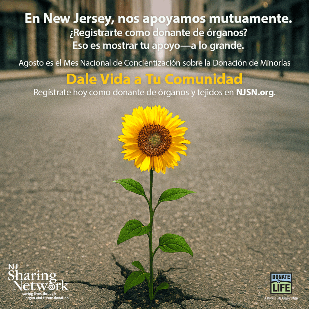 1200x1200_Social - Spanish_brighter Sunflower growing through cracked street in a city, with bold Spanish text urging organ donation and community support.