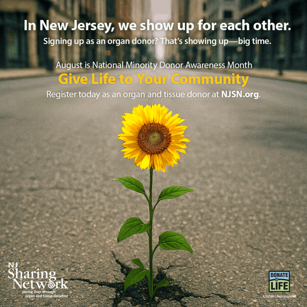 1200x1200_Social_brighter Sunflower growing through cracked pavement in a city street, with bold banner text promoting National Minority Donor Awareness Month and organ donation in New Jersey.