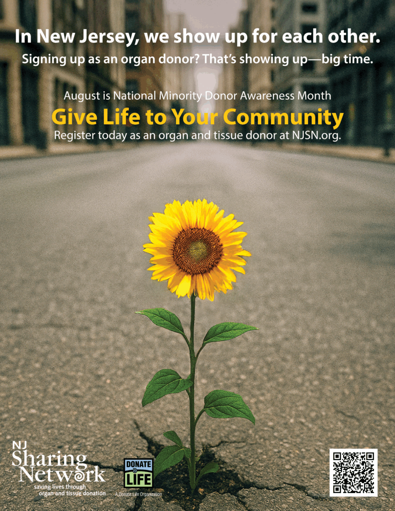 GLTYC_85 x 11 Flyer_NMDAM_english Sunflower growing through a cracked street with bold white and yellow text about organ donation awareness and a call to donate life in New Jersey.