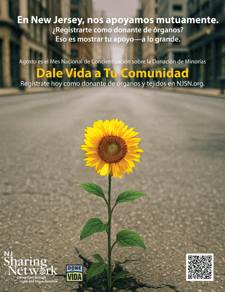 GLTYC_85 x 11 Flyer_NMDAM_spanish Sunflower growing from a cracked city street with Spanish text promoting organ donation awareness; includes NJ Sharing Network logos and a QR code.